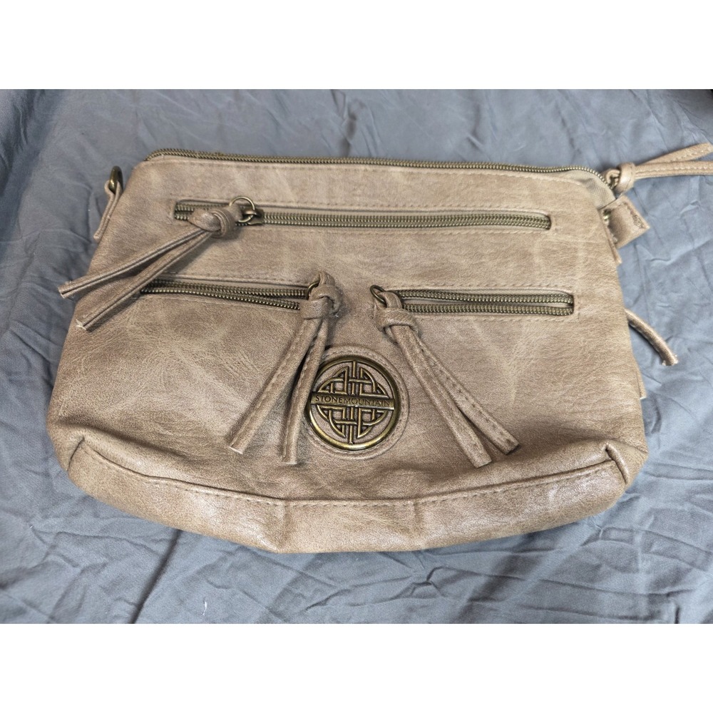 Stone Mountain Taupe Multi Zip Clutch Purse Bronze Medallion NO STRAP